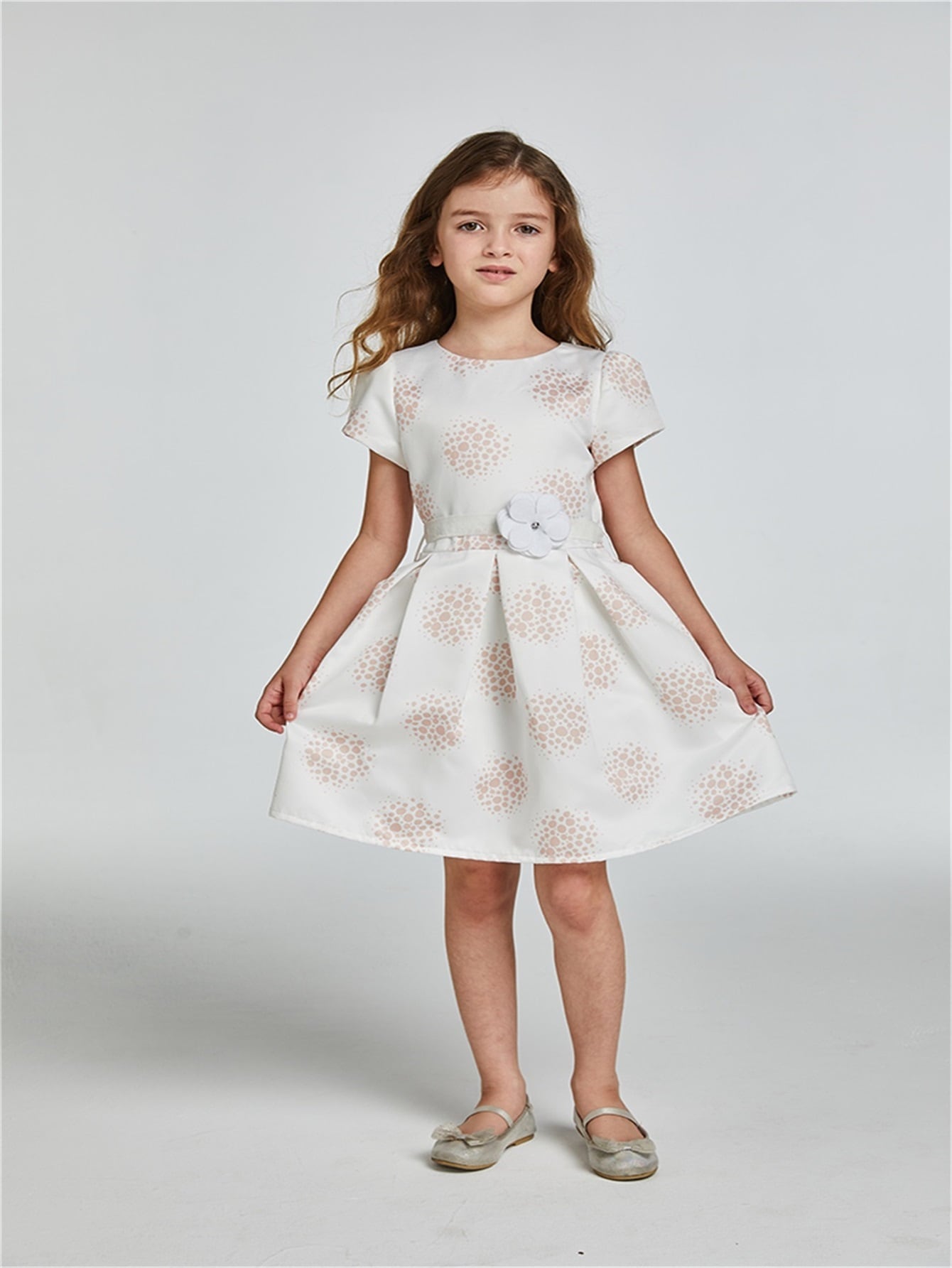 Girls Allover Print Appliques Fold Pleated Detail Dress