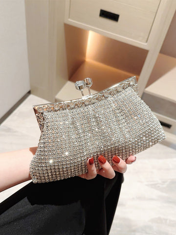 Moonlit EveBag Shiny,Glitter Bling Glamorous,Elegant,Exquisite,Quiet Luxury Rhinestone Decor Evening Bag Kiss Lock Glamorous, Perfect Bride Purse For Wedding, Prom & Party Events Dinner Bag,Elegant Rhinestone Rhinestone,Faux Pearl,Crystal Decor For Party