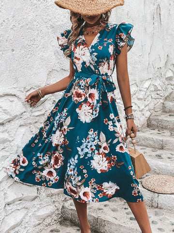 Floral Print Butterfly Sleeve Belted Dress