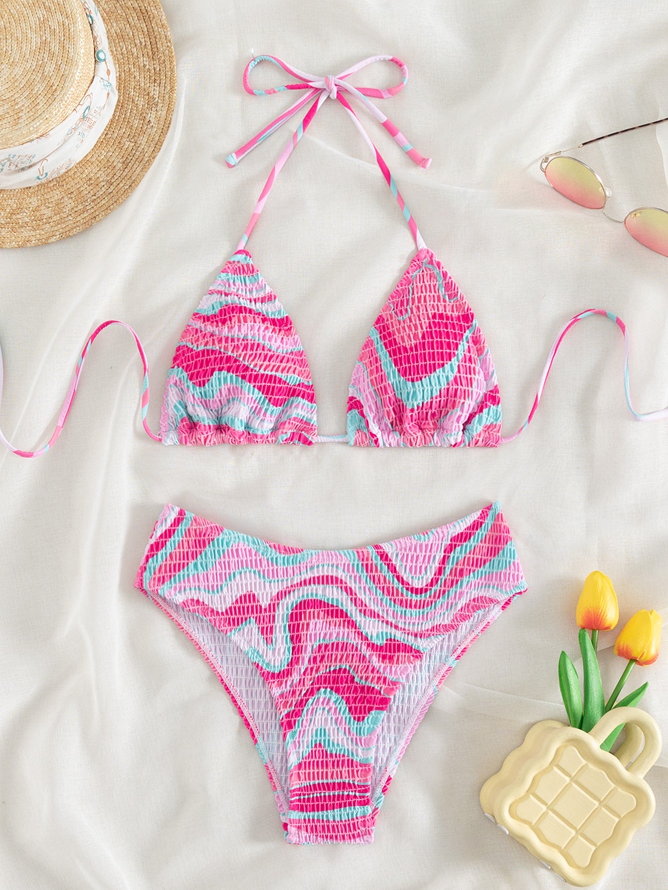 Summer Beach Wavy Print Bikini Set Smocked Halter Triangle Bra & Bikini Set 2 Piece Bathing Suit