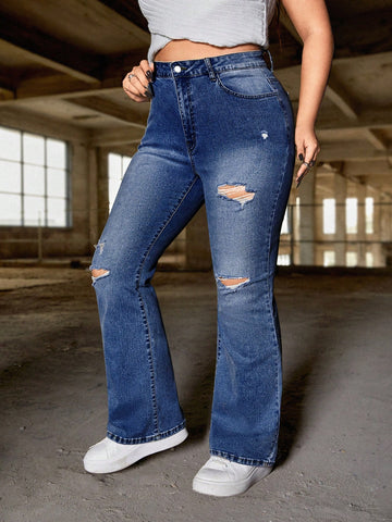 Plus Slant Pocket Ripped Flare Leg Jeans