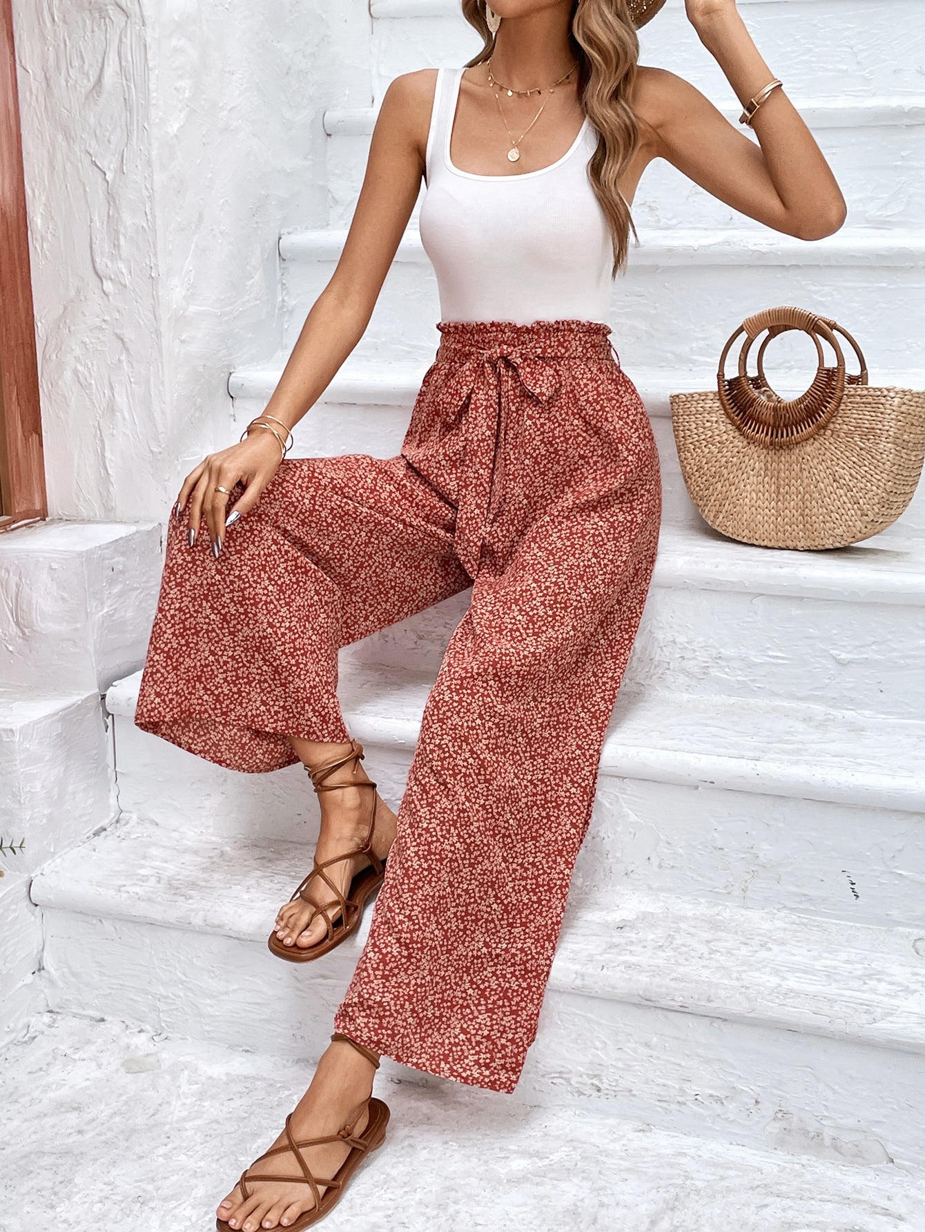 Allover Print Paperbag Waist Belted Wide Leg Pants