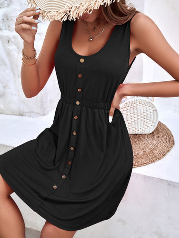 Solid Fake Button A-line Dress