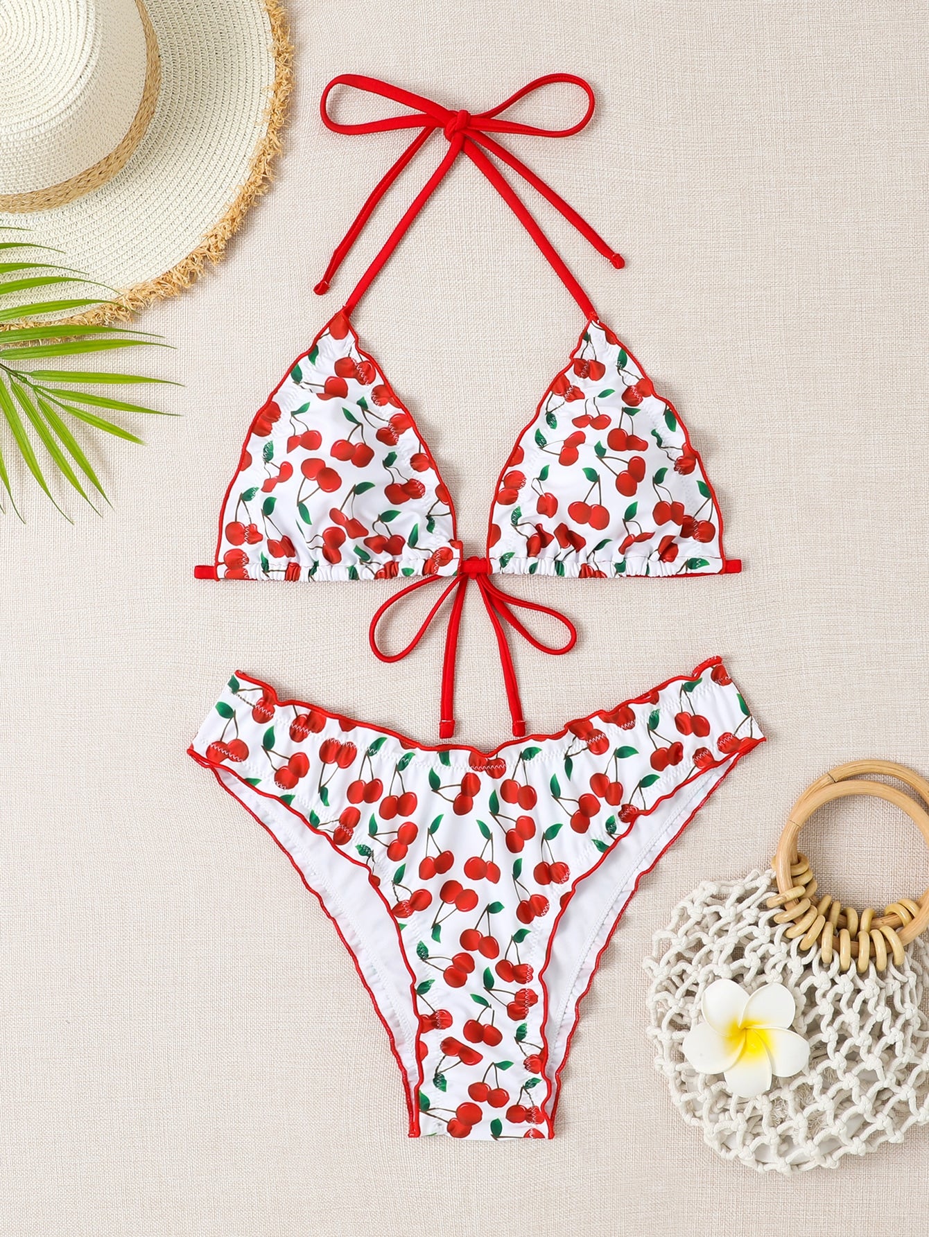 Summer Beach Cherry Print Halter Triangle Bikini Set