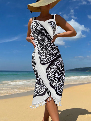 Butterfly Print Tassel Trim Cover Up Dress,Summer Beach