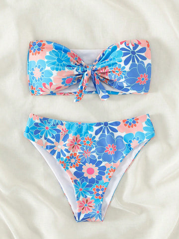Summer Beach Floral Print Knot Front Bandeau Bikini Set