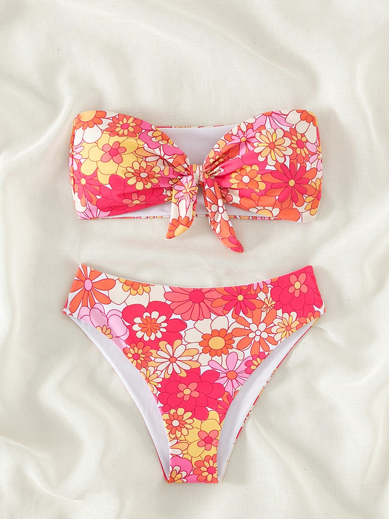 Summer Beach Floral Print Bikini Set Knot Front Bandeau Bra & High Waisted Bottom 2 Piece Bathing Suit