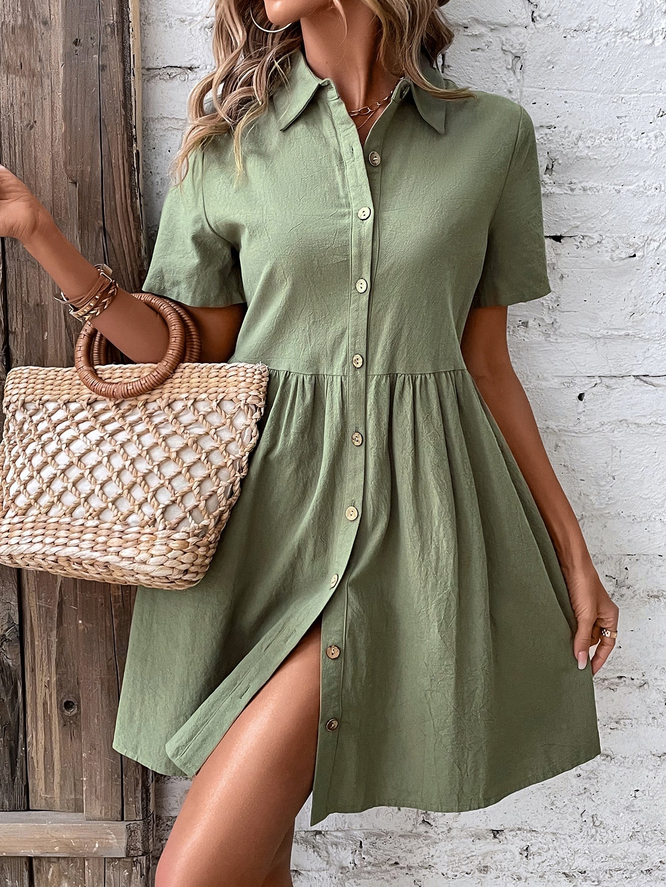 Solid Button Front Smock Dress