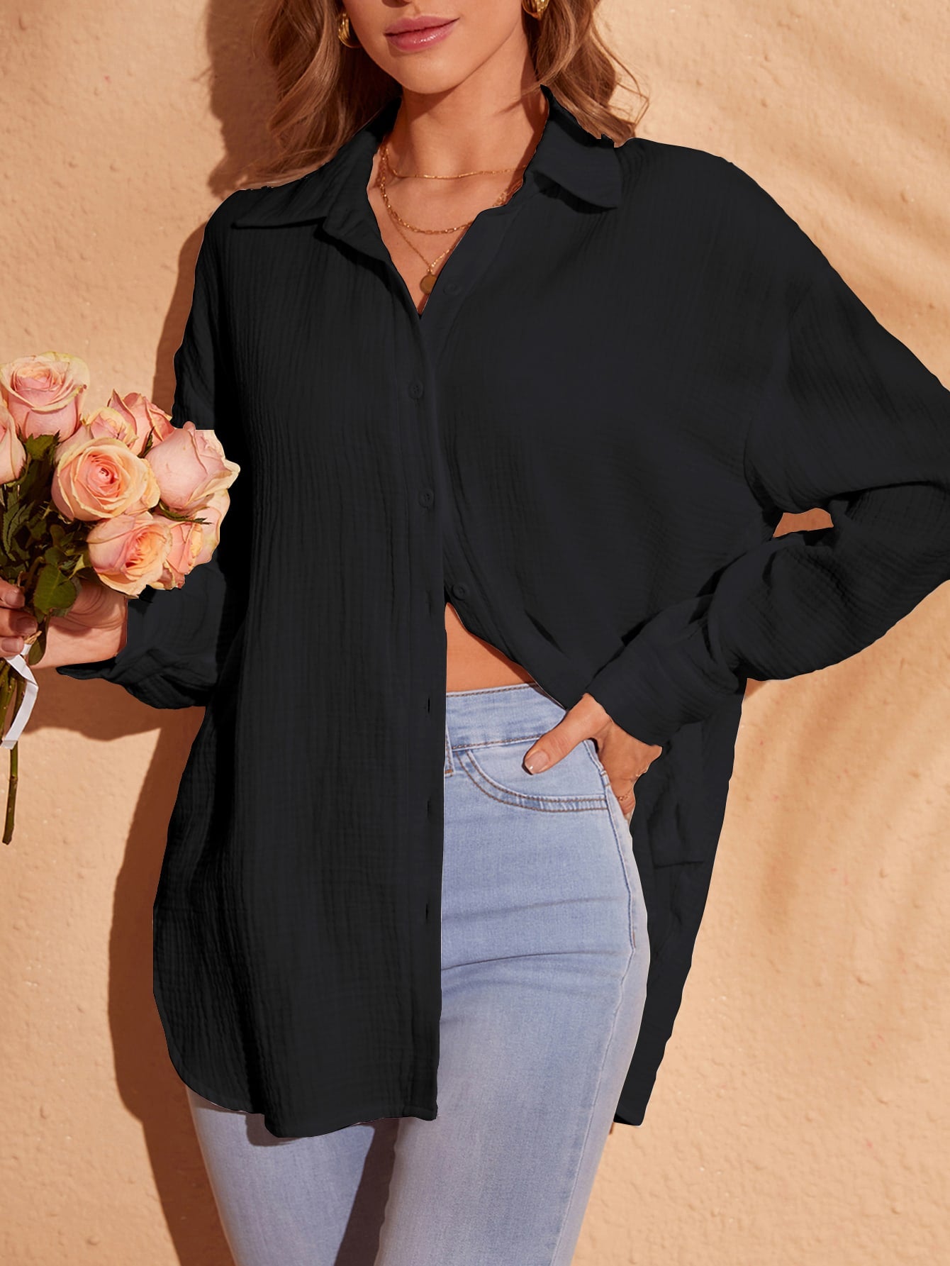 Solid Drop Shoulder Button Front Shirt