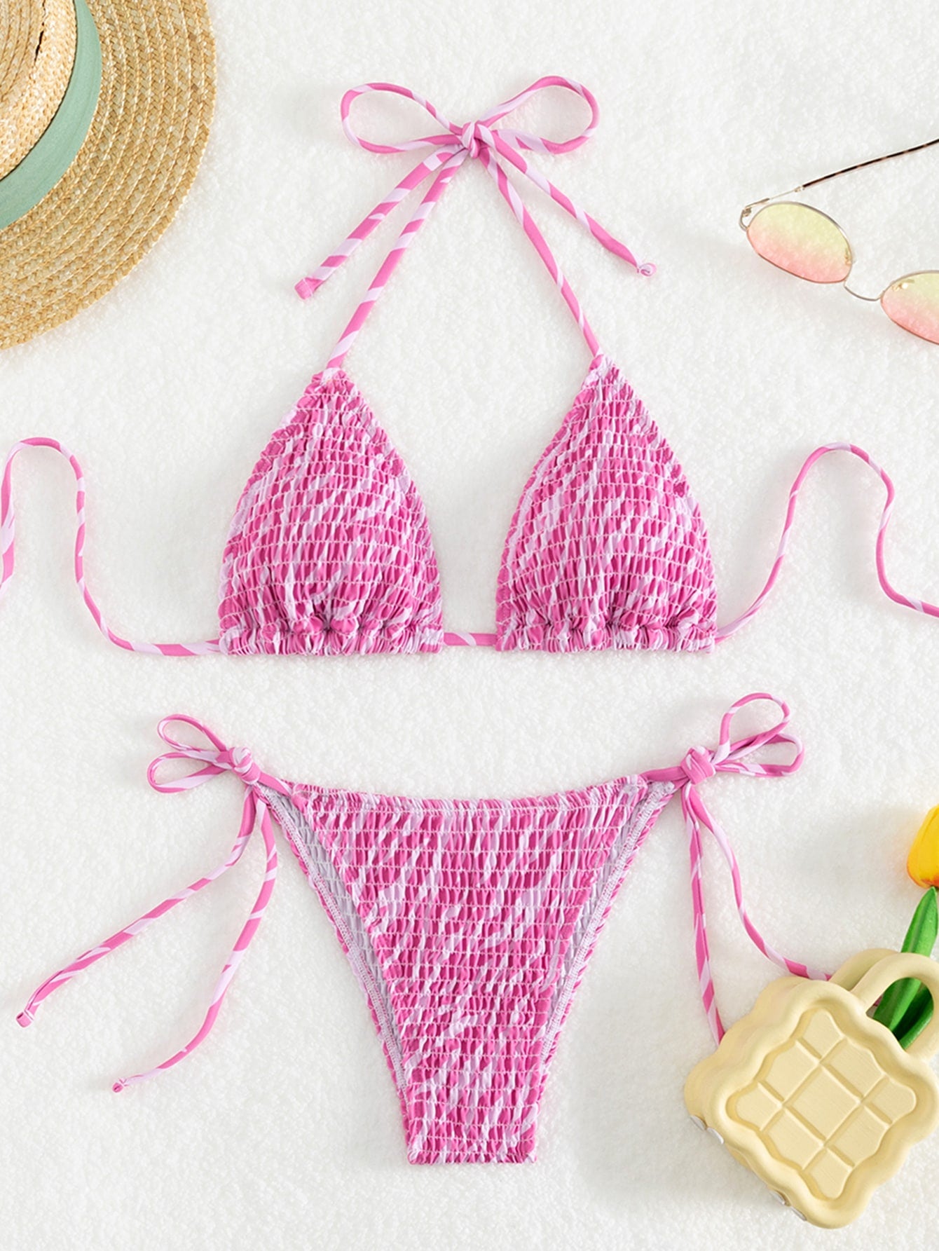 Summer Beach Smocked Triangle Tie Side Bikini Set