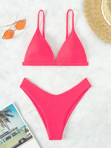 Summer Beach Solid Triangle High Cut Bikini Set