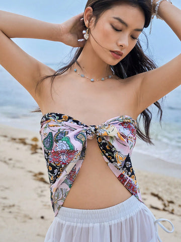 Floral & Paisley Print Tie Front Tube Top