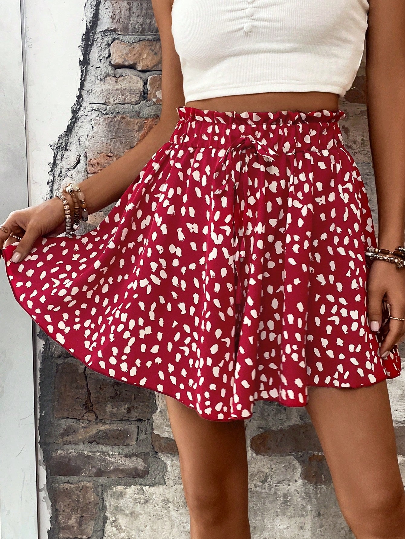 Allover Print Paperbag Waist Flare Leg Shorts