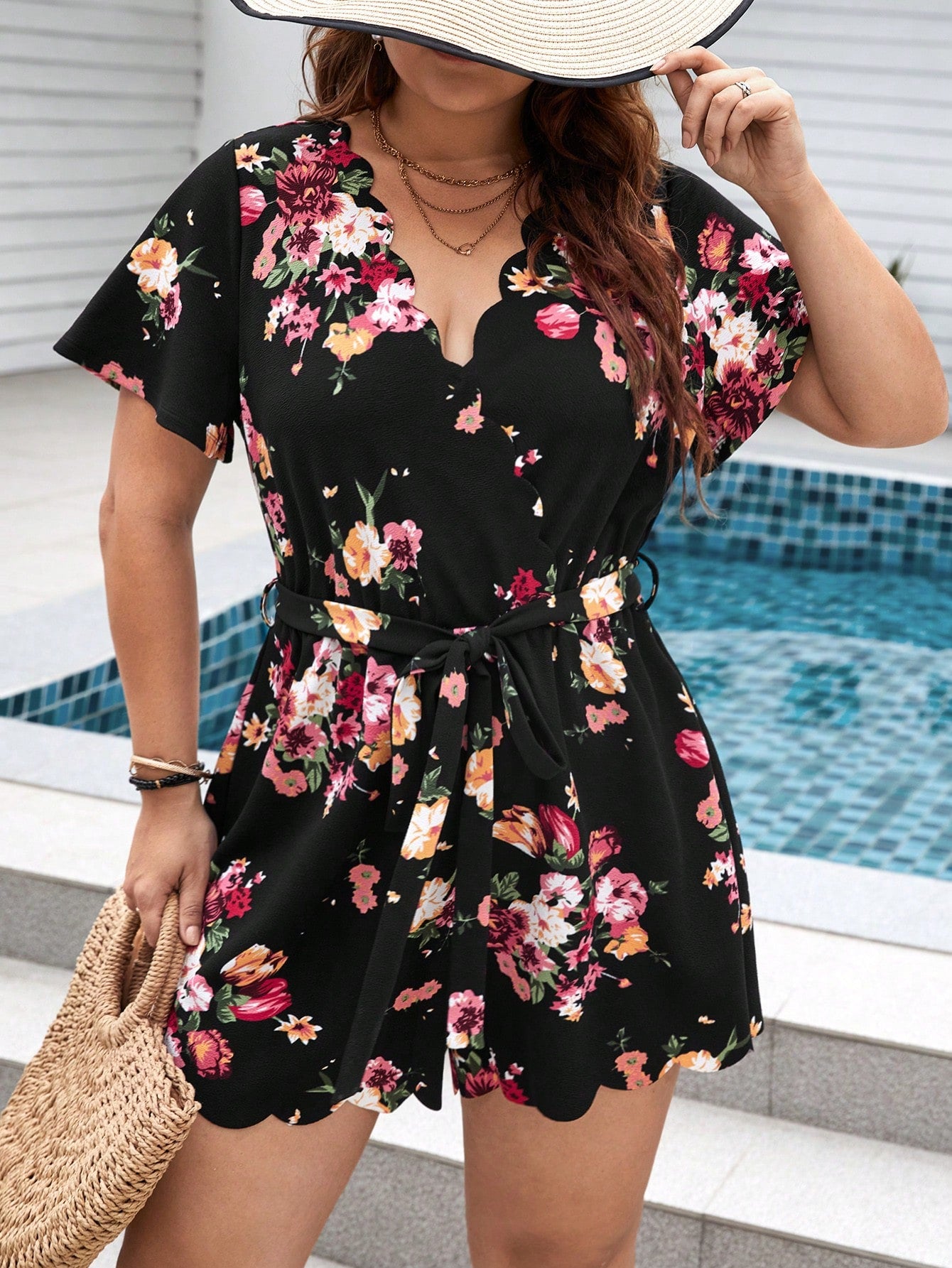 Plus Floral Print Scallop Trim Belted Romper