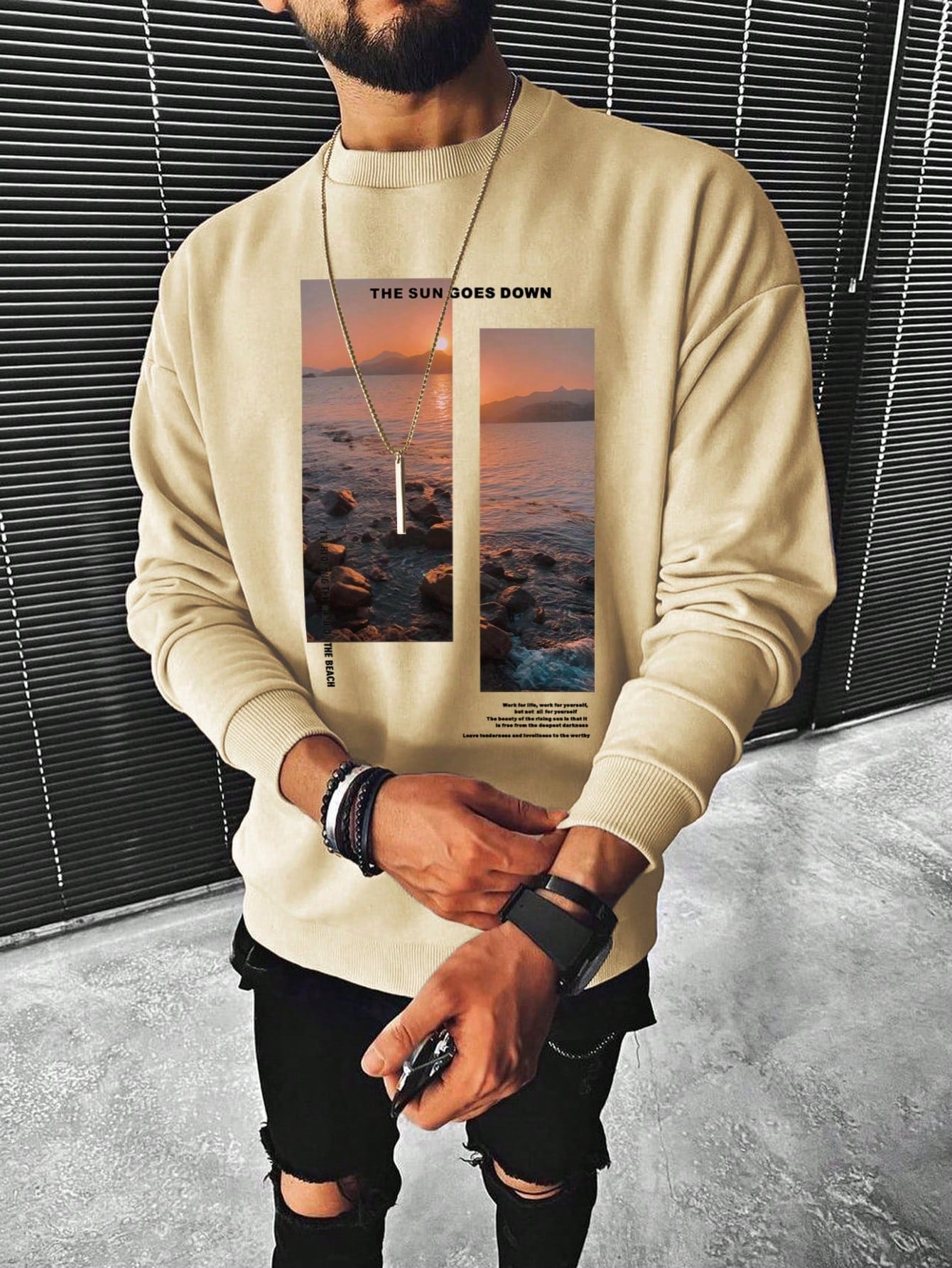 Men Slogan & Scenery Print Pullover