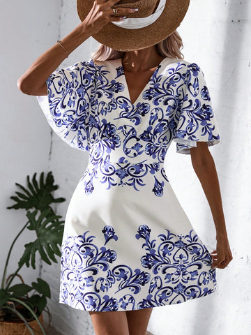 Floral Print Butterfly Sleeve Dress