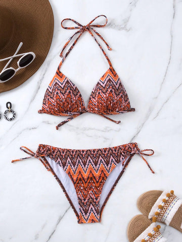 Summer Beach Chevron Print Halter Triangle Tie Side Bikini Set