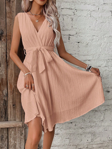 Solid Belted A-line Dress