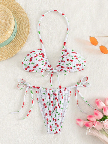 Summer Beach Cherry Print Halter Tie Side Bikini Set