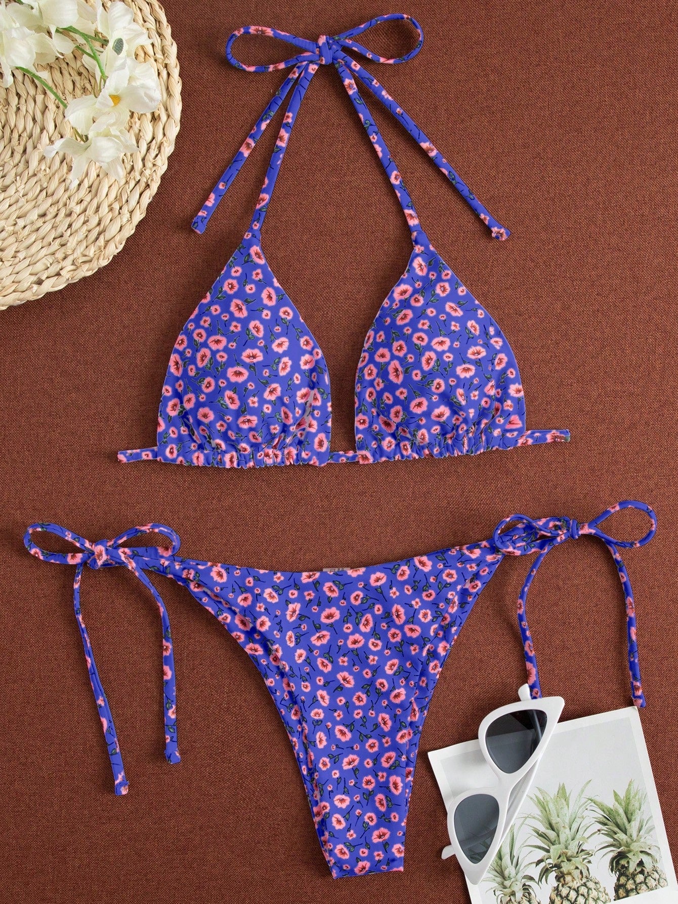 Summer Beach Ditsy Floral Triangle Tie Side Bikini Set