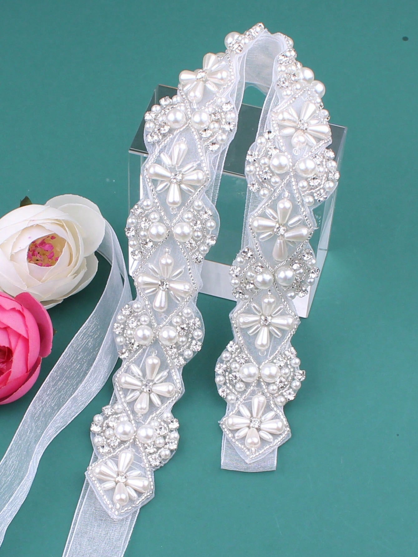 1pc Women Rhinestone & Faux Pearl Decor Glamorous Bridal Belt For Wedding Party Royal