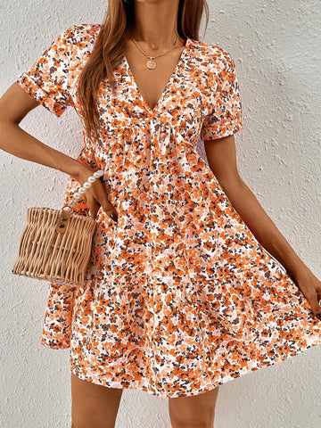 Ditsy Floral Print Ruffle Hem Smock Dress