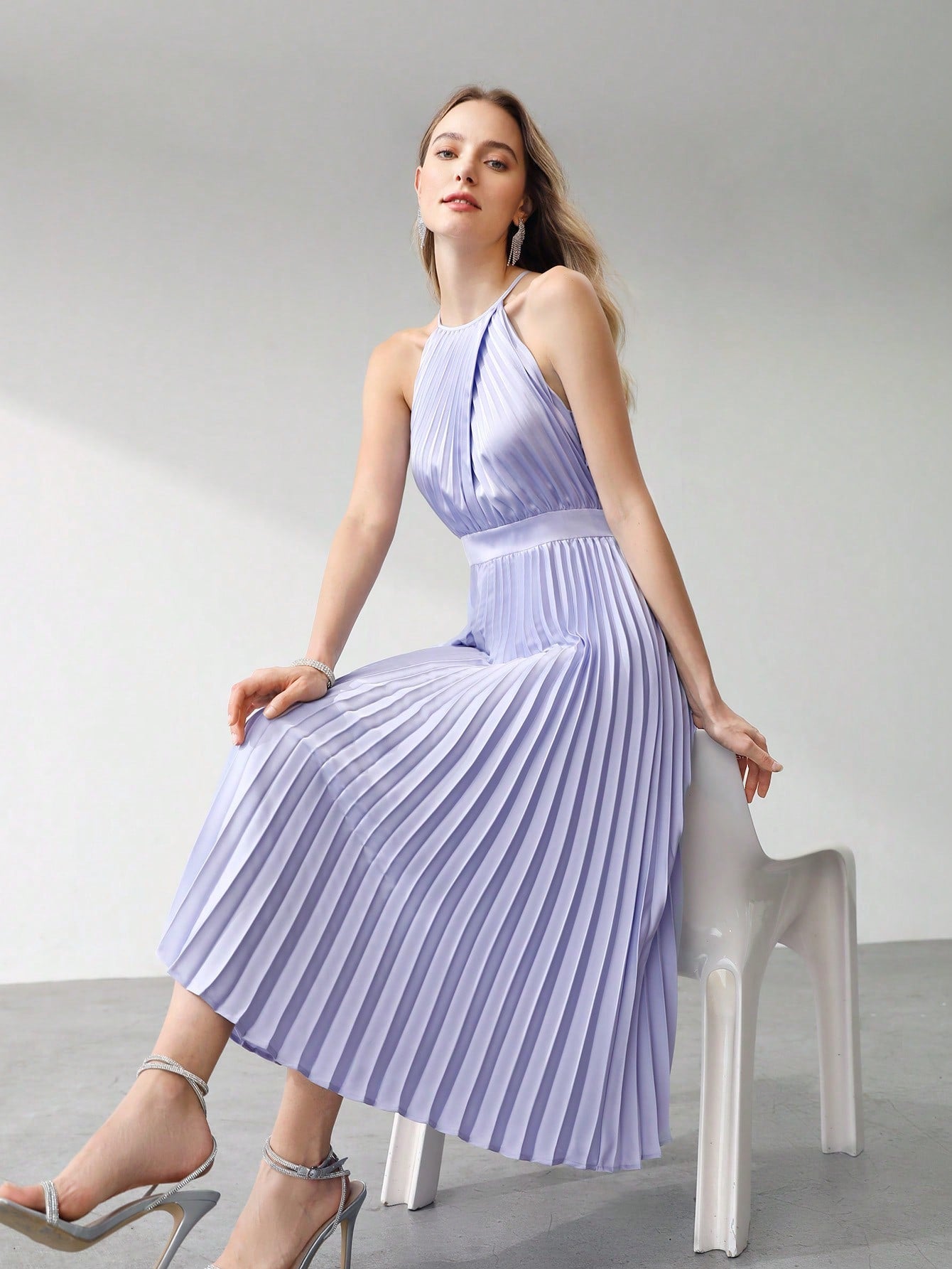 PLEATED SATIN HALTER DRESS