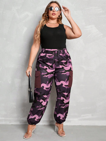 Plus Camo Print Flap Pocket Side Pants