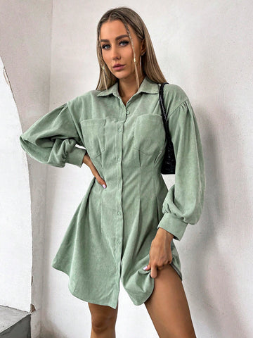 Lantern Sleeve Plicated Detail Dual Pocket Cord Shirt Dress