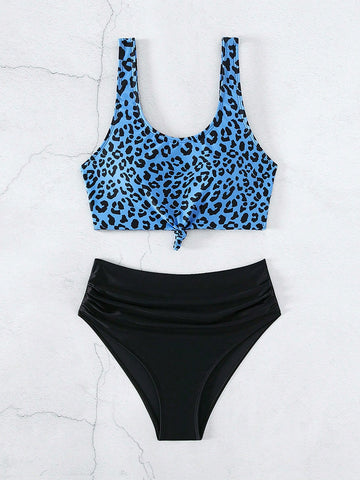 Summer Beach Leopard Knot Hem Bikini Set