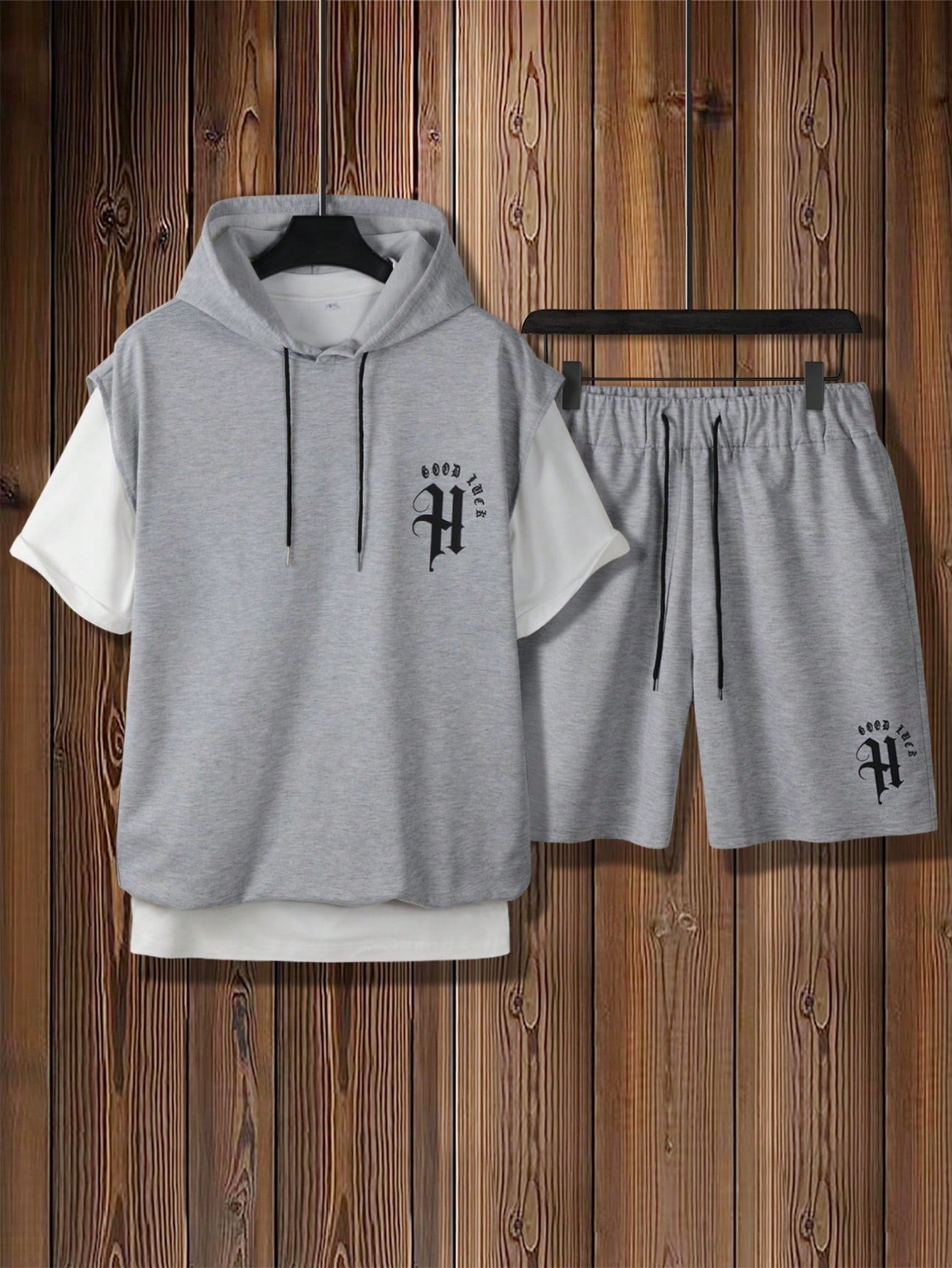 Men Letter Graphic Drawstring Hooded Tank Top & Shorts Without Tee