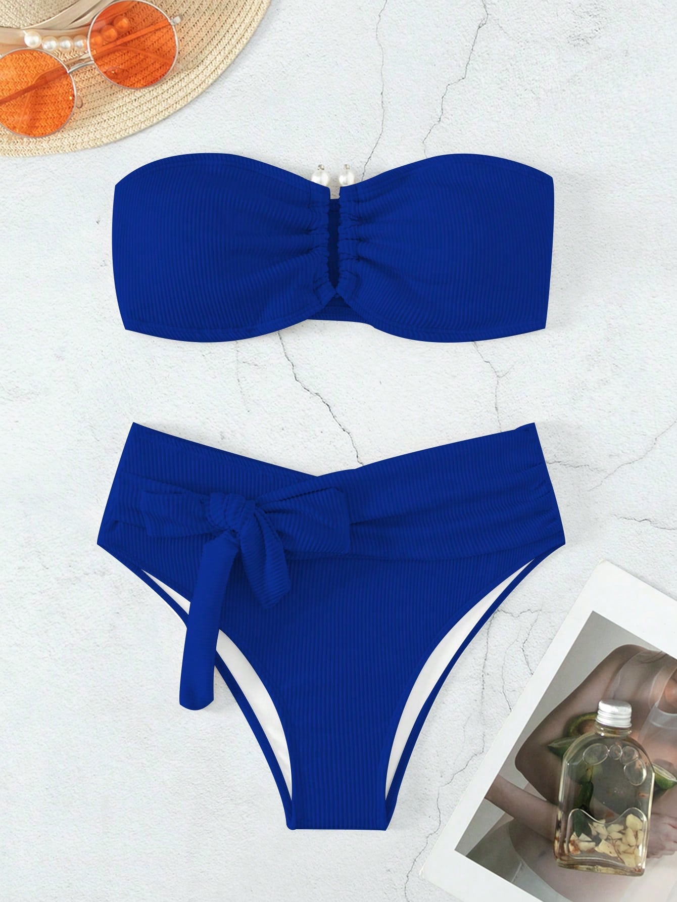 Summer Beach Rib Knot Front Bandeau Bikini Set