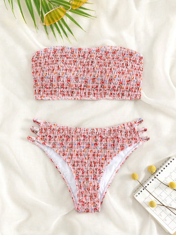 Summer Beach Ditsy Floral Smocked Bandeau Bikini Set