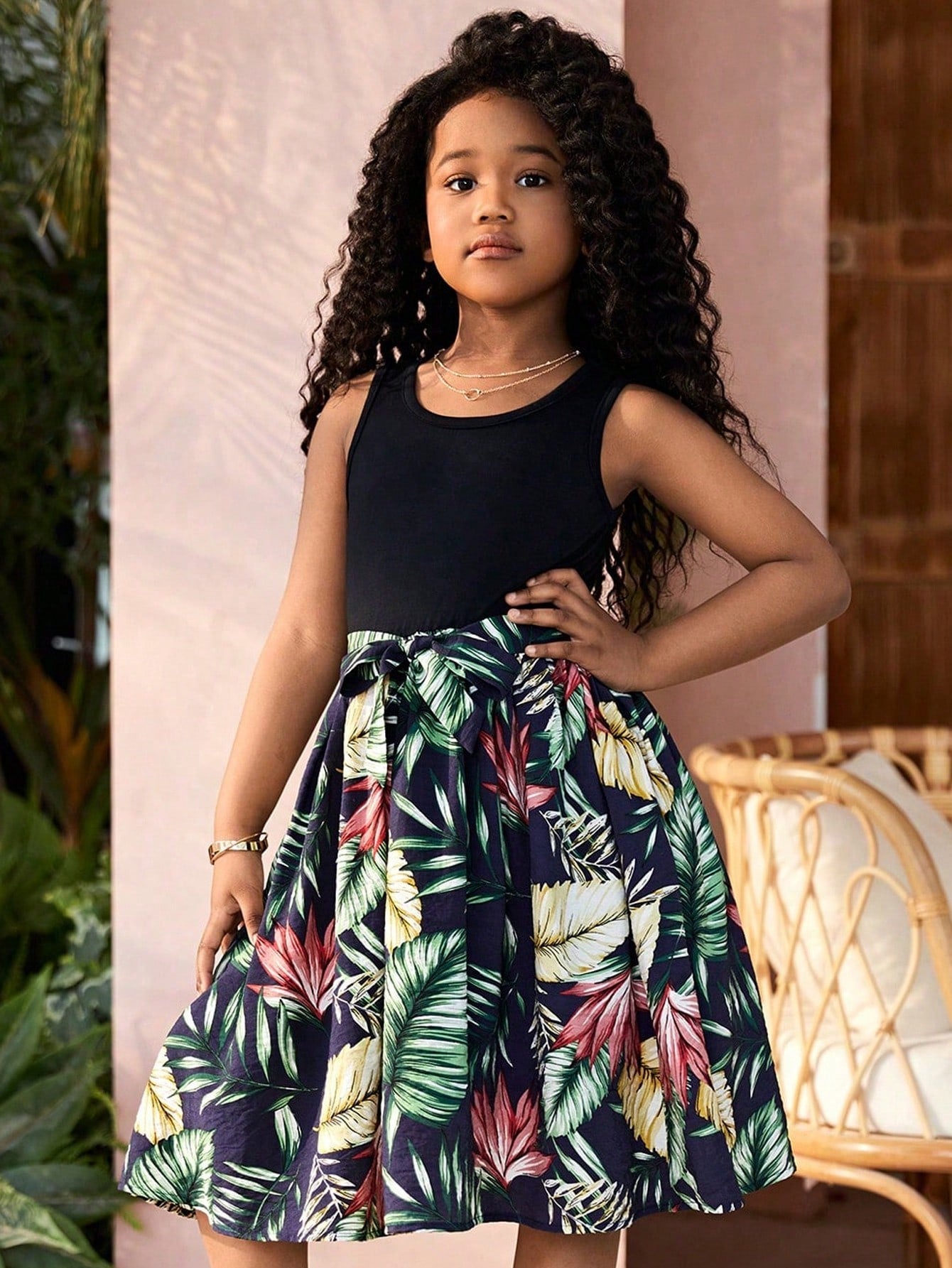 Tween Girl Tropical Print Belted Dress