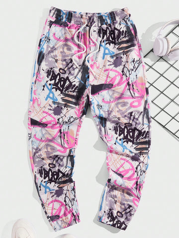 Men Graffiti Print Drawstring Waist Sweatpants Long Jogging Pants Graffiti Vacation Designer Friends