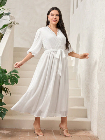 Plus Lace Trim Lantern Sleeve Belted Dress