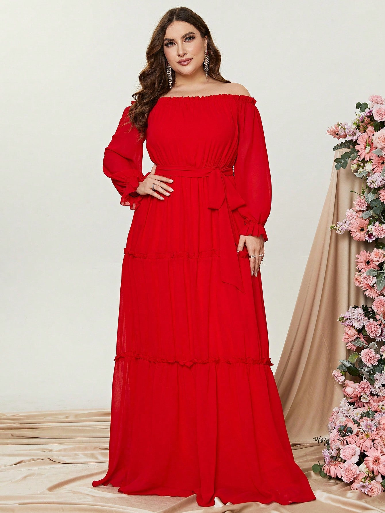 Plus Off Shoulder Flounce Sleeve Ruffle Hem Belted Dress