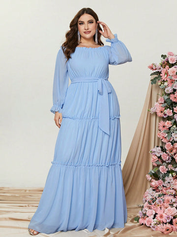 Plus Off Shoulder Flounce Sleeve Ruffle Hem Belted Dress