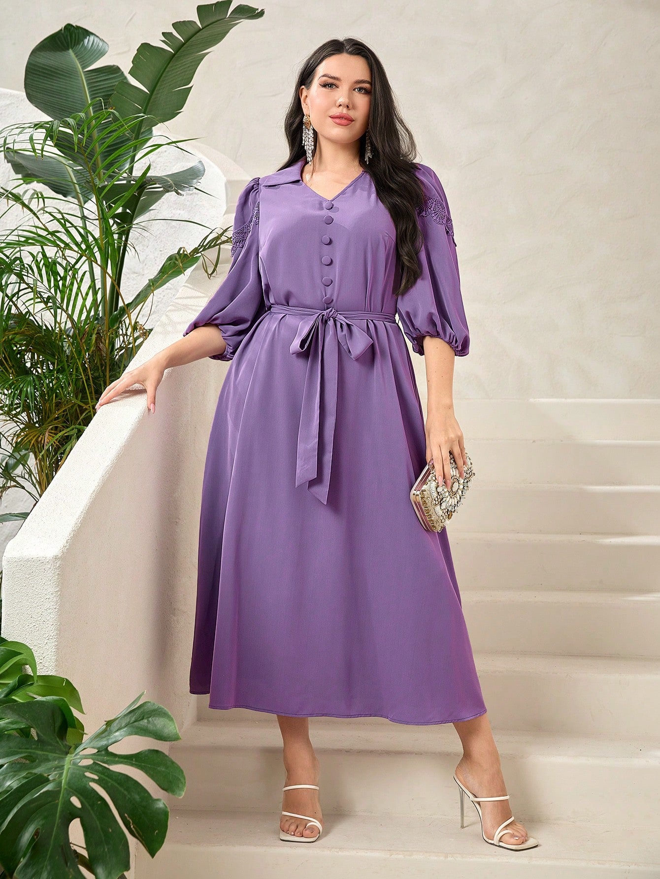 Plus Lantern Sleeve Belted Shirt Dress