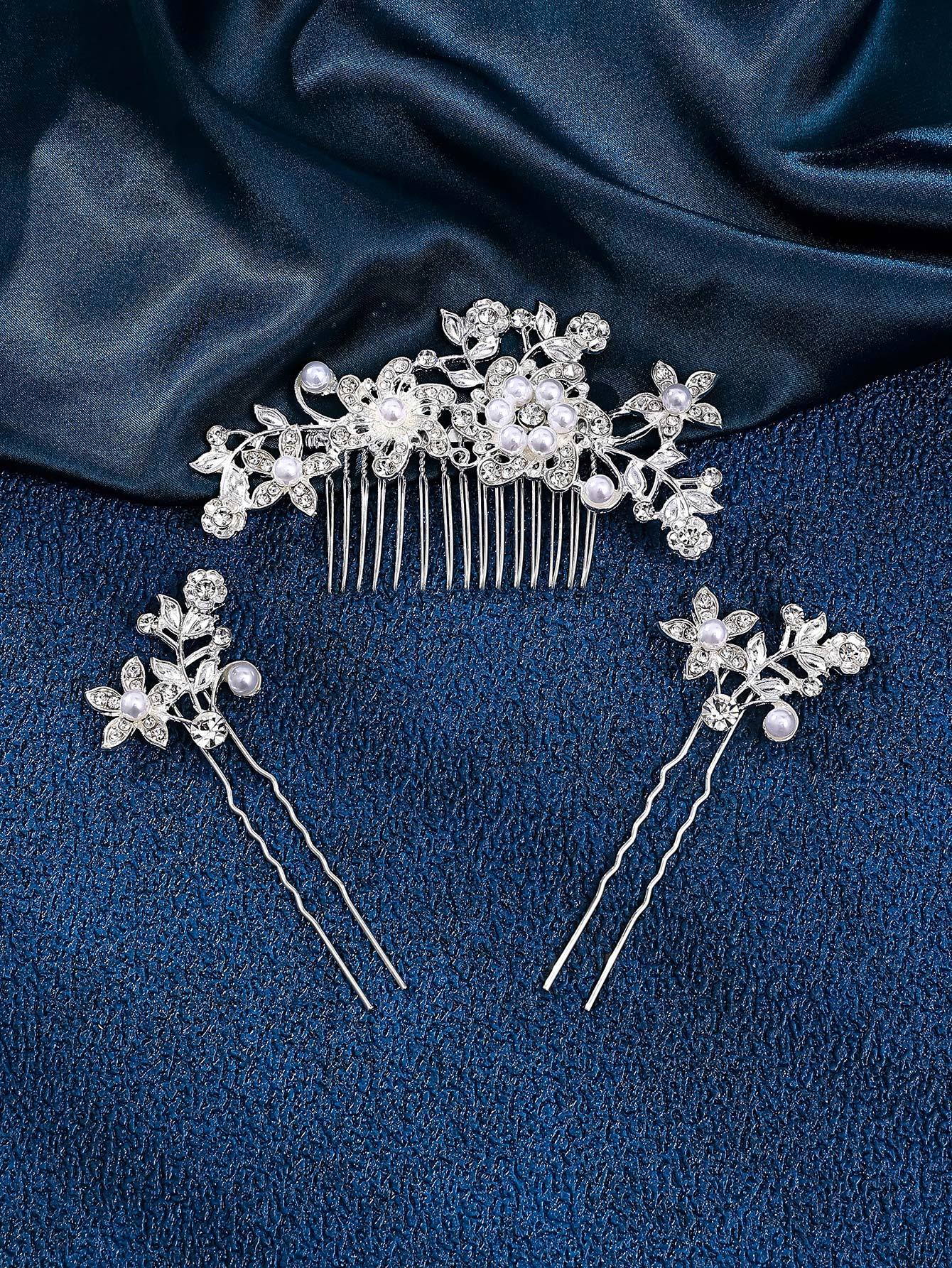 3pcs Women Flower & Faux Pearl Decor Fashionable Hair Pin Set For Wedding Party Elegant Boho Tiaras