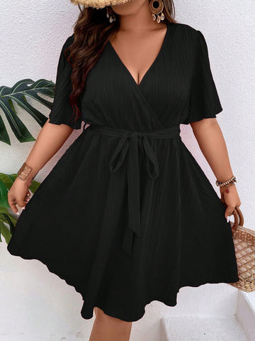 Plus Surplice Neck Belted Dress