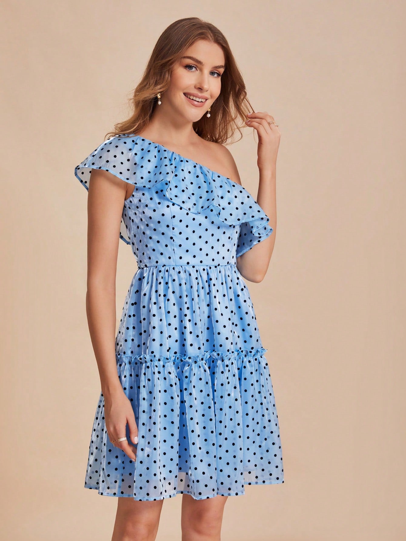 Polka Dot One Shoulder Ruffle Trim Ruffle Hem Dress