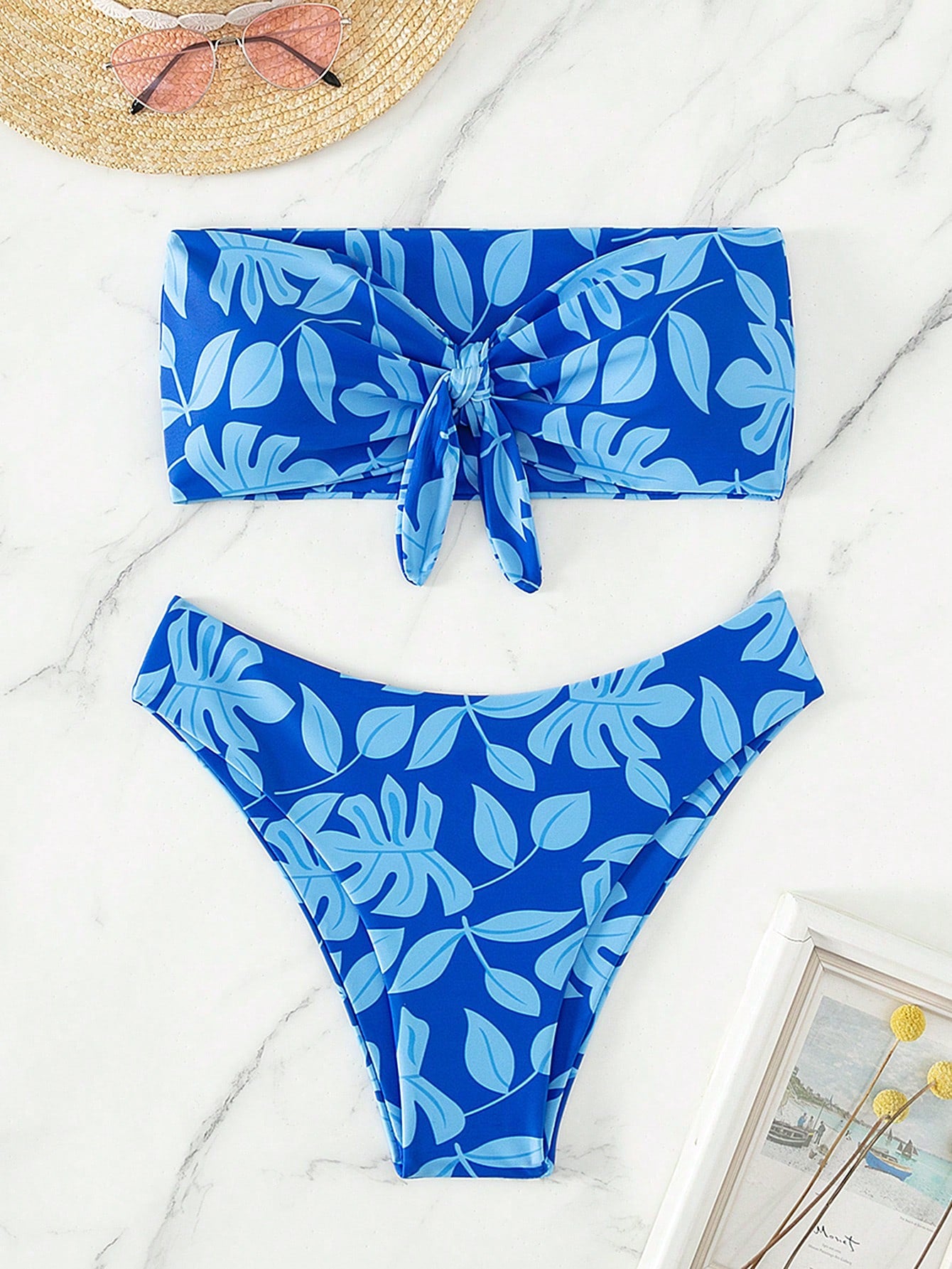 Summer Beach Tropical Print Knot Front Bandeau Bikini Set