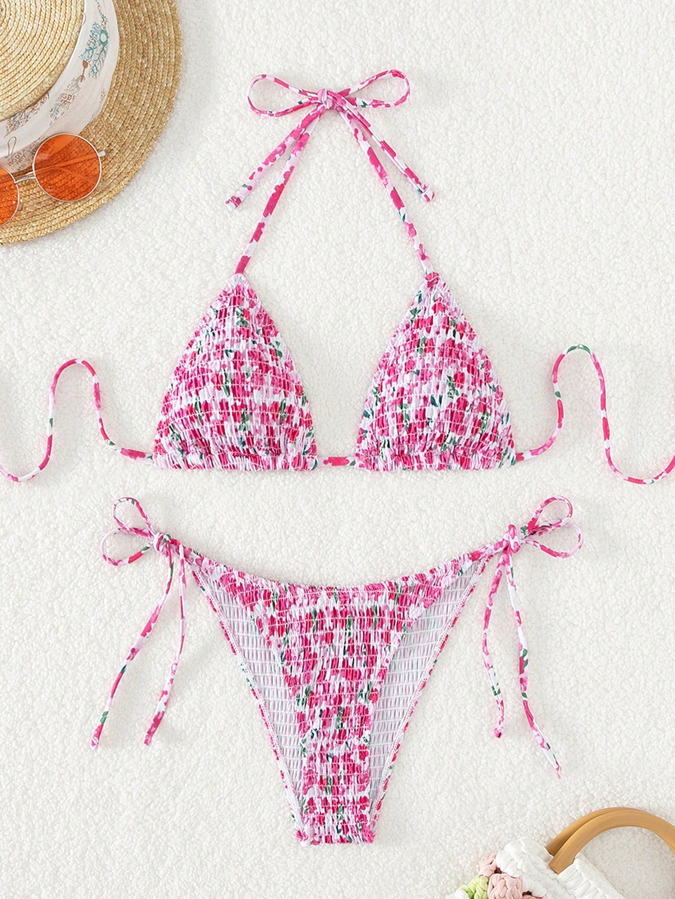 Summer Beach Floral Print Smocked Triangle Tie Side Bikini Set