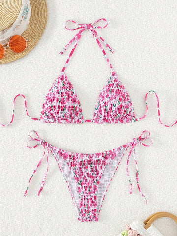 Summer Beach Floral Print Smocked Triangle Tie Side Bikini Set