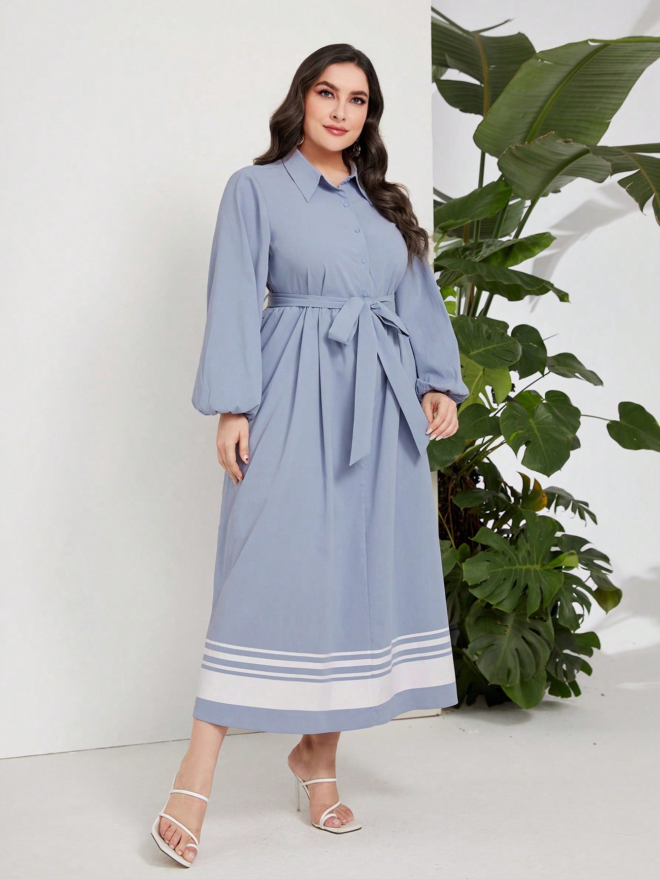 Plus Striped Print Lantern Sleeve Belted Shirt Dress