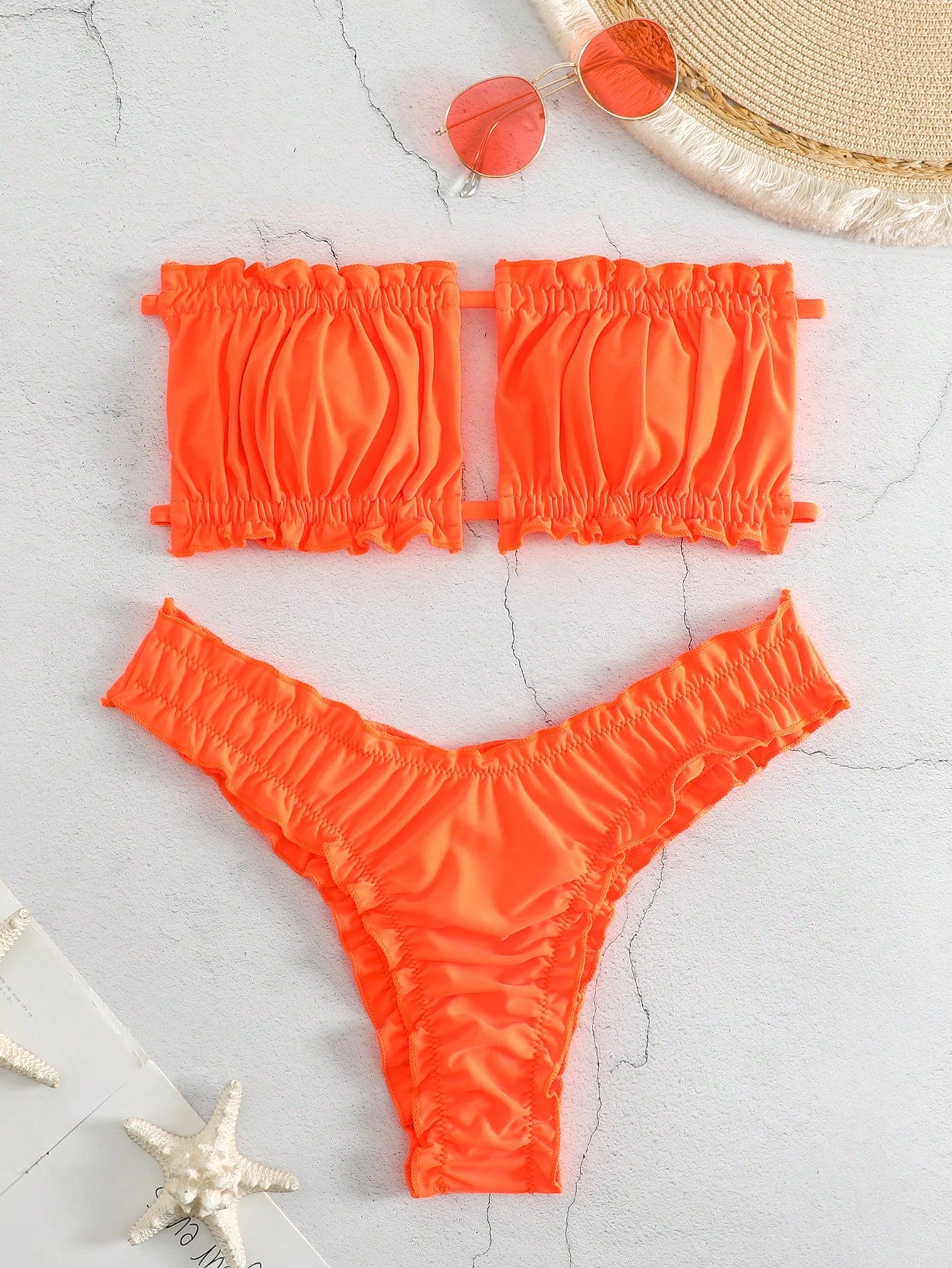 Summer Beach Frill Trim Bandeau Bikini Set, Orange Bathing Suit