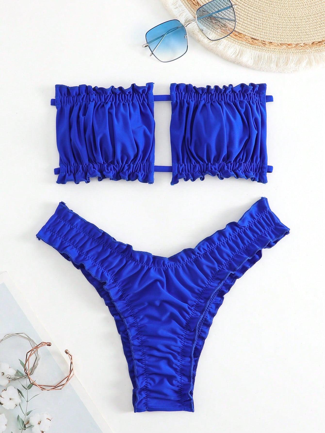 Summer Beach Frill Trim Bandeau Bikini Set