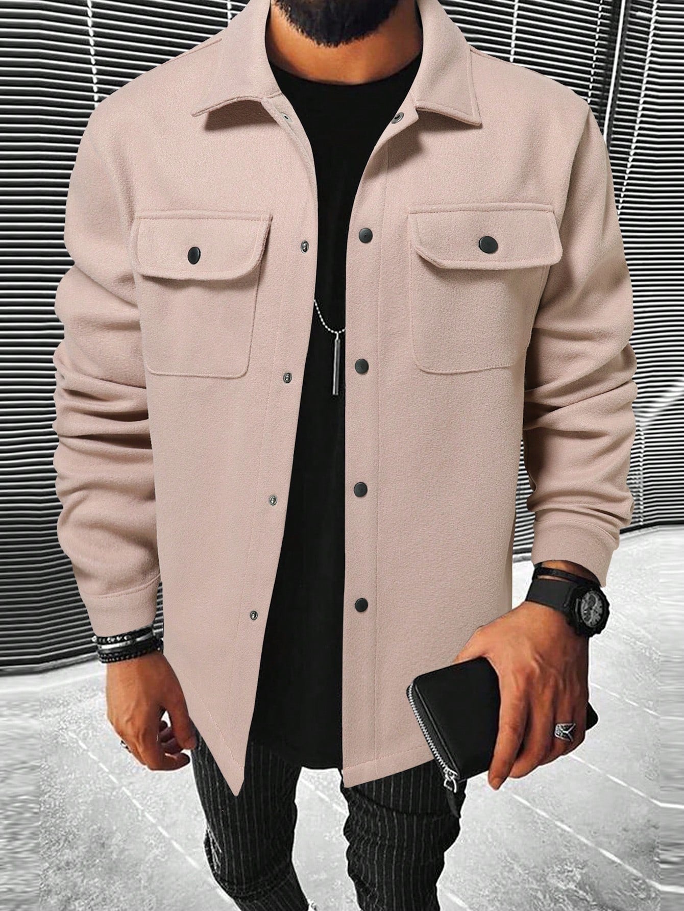 Men Flap Pocket Button Front Overcoat