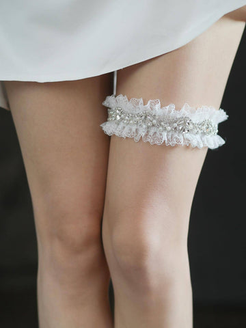 1pc Women Rhinestone & Faux Pearl Decor Lace Trim Fashionable Bridal Garter Belt For Wedding Party